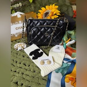 Black Quilted Shoulder Bag with Chain Detail